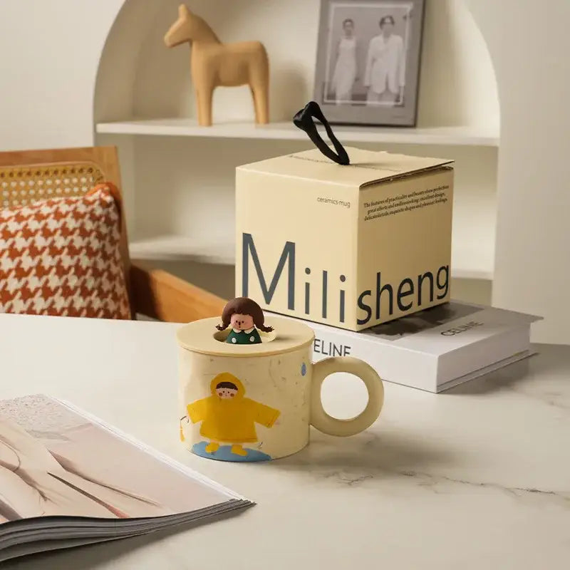 Cream-colored decorbites creative ceramic coffee mug with child illustration and miniature figurine for kitchen decor