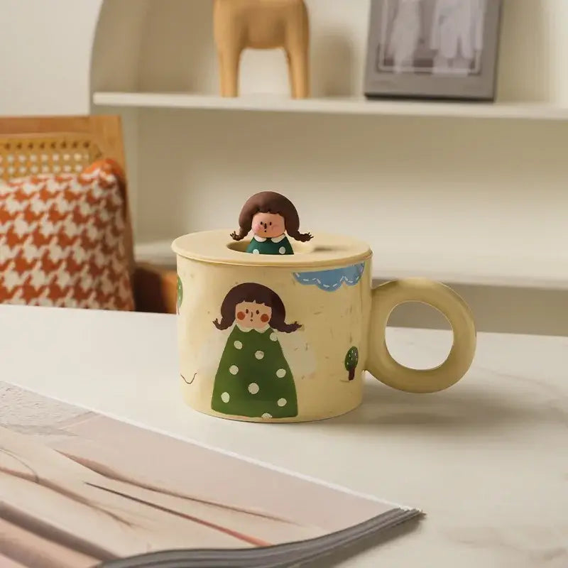 Cream-colored decorbites creative ceramic coffee mug with cartoon girl and matching miniature figurine on lid kitchen decor