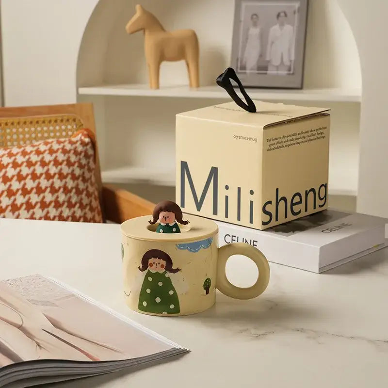 Cream-colored decorbites creative ceramic coffee mug with cartoon girl design and miniature figurine kitchen decor