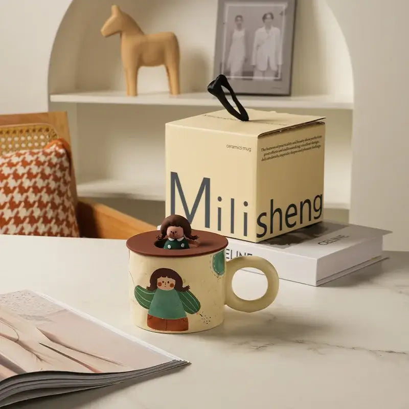 Cream-colored ceramic coffee mug with brown lid and mili sheng figurine decorbites creative ceramic kitchen decor