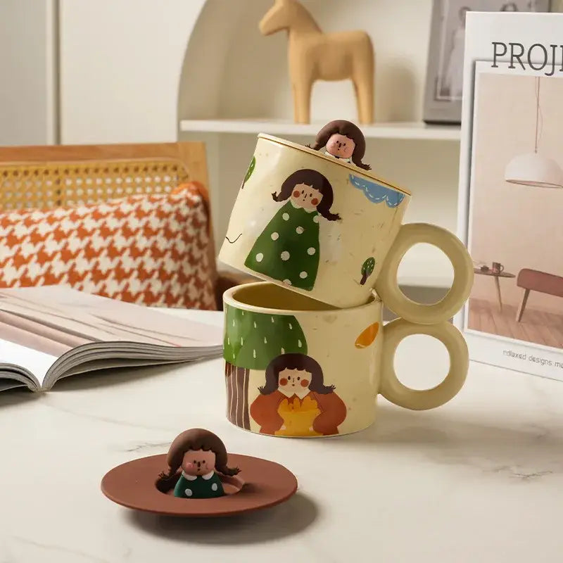 Cream-colored decorbites creative ceramic coffee mugs with illustrated girls and matching miniature figurines for kitchen decor