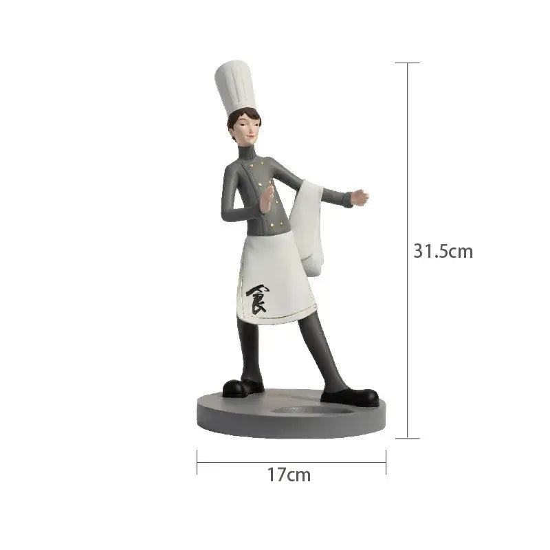 A 31.5cm tall creative chef wine rack sculpture in gray uniform with gold buttons and white apron for kitchen decor