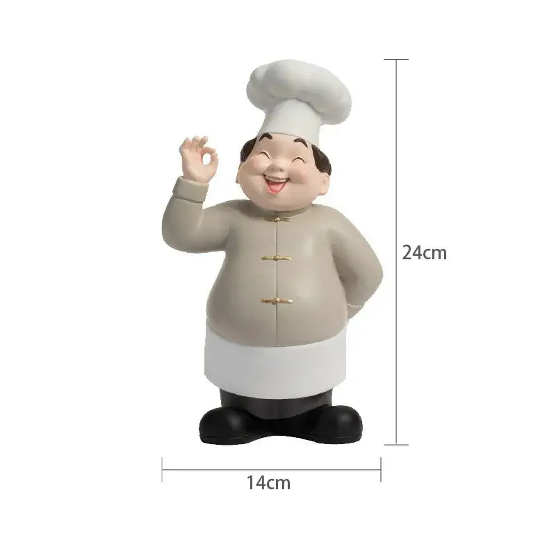 A cheerful, chubby chef figurine with white toque and beige coat gold clasps for creative chef wine rack sculpture decor