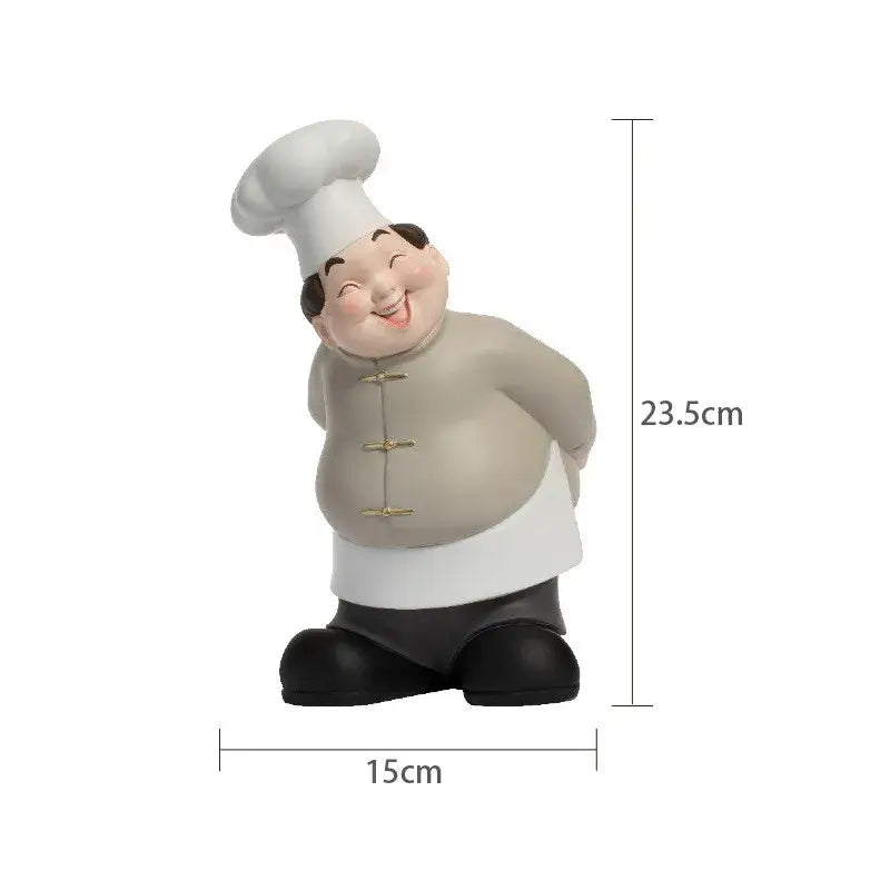 Chubby chef wine rack sculpture with white toque beige apron black pants and gold buttons creative chef wine decor