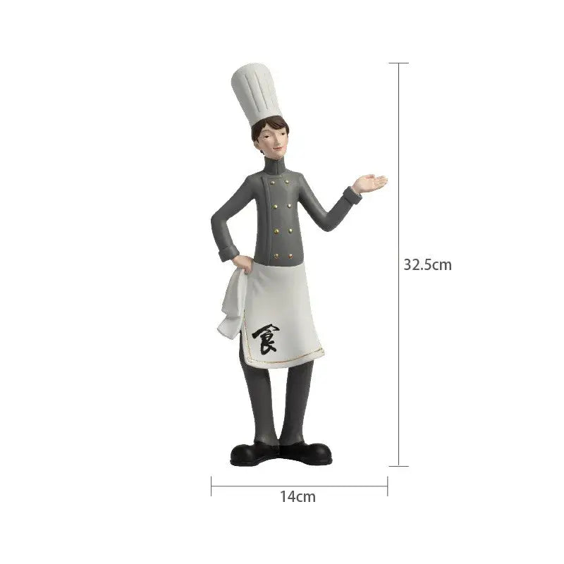 A detailed chef wine rack sculpture featuring a gray double-breasted jacket and white apron with black characters
