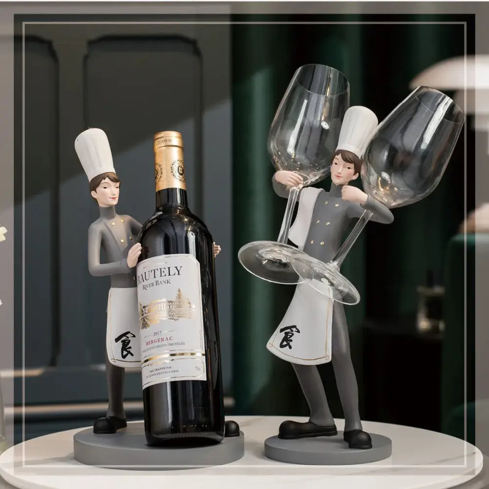 Gray resin creative chef wine rack sculpture figurine featuring two chefs with wine bottle and glasses for kitchen decor
