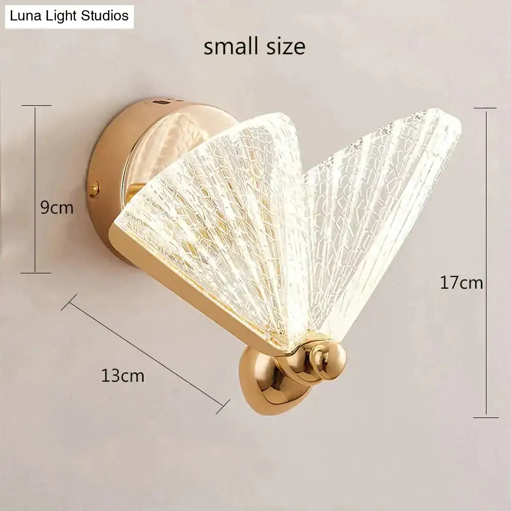 Gold-finished creative colorful butterfly led wall sconce with fan-shaped crackled glass diffuser for bedroom decor