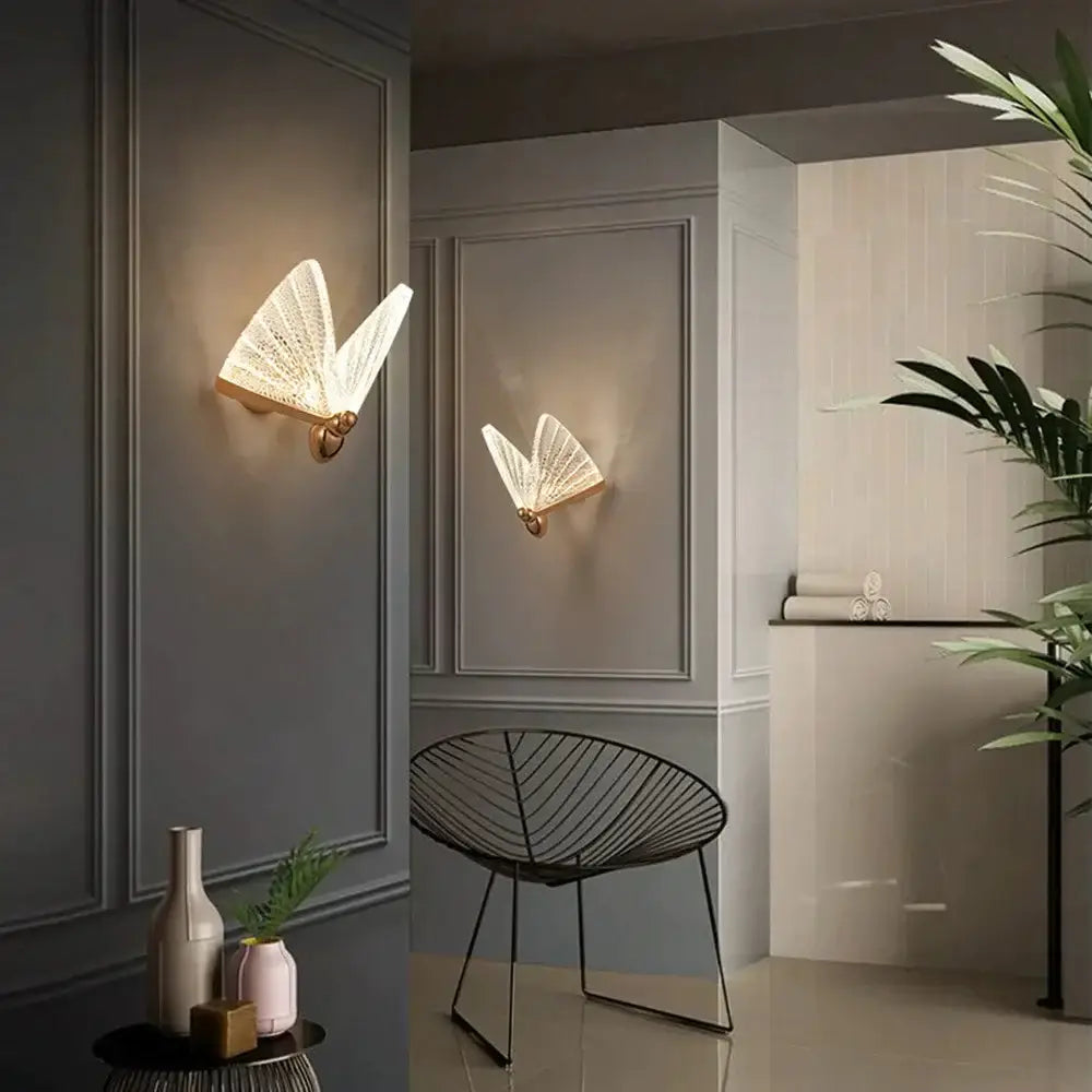 Delicate creative colorful butterfly led wall lamp with intricate woven glass panels and gold-toned metal base for bedroom
