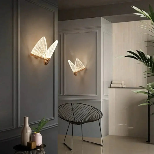 Delicate creative colorful butterfly led wall lamp with intricate woven glass panels and gold-toned metal base for bedroom