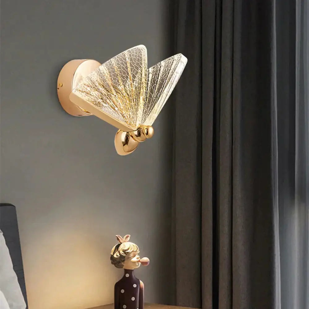 Gold-toned creative colorful butterfly led wall lamp with crackled glass wings and polished metal body for bedroom use