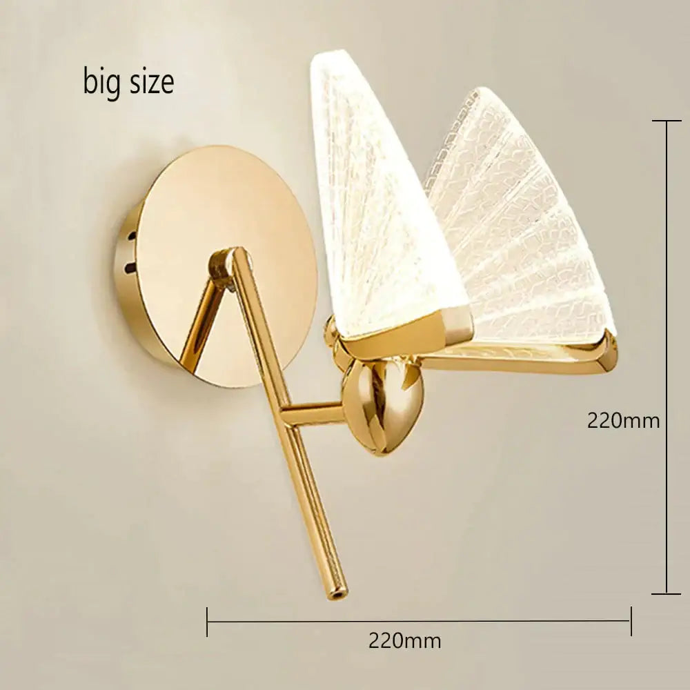 Gold-finished creative colorful butterfly led wall lamp with two translucent textured glass shades shaped like open fans