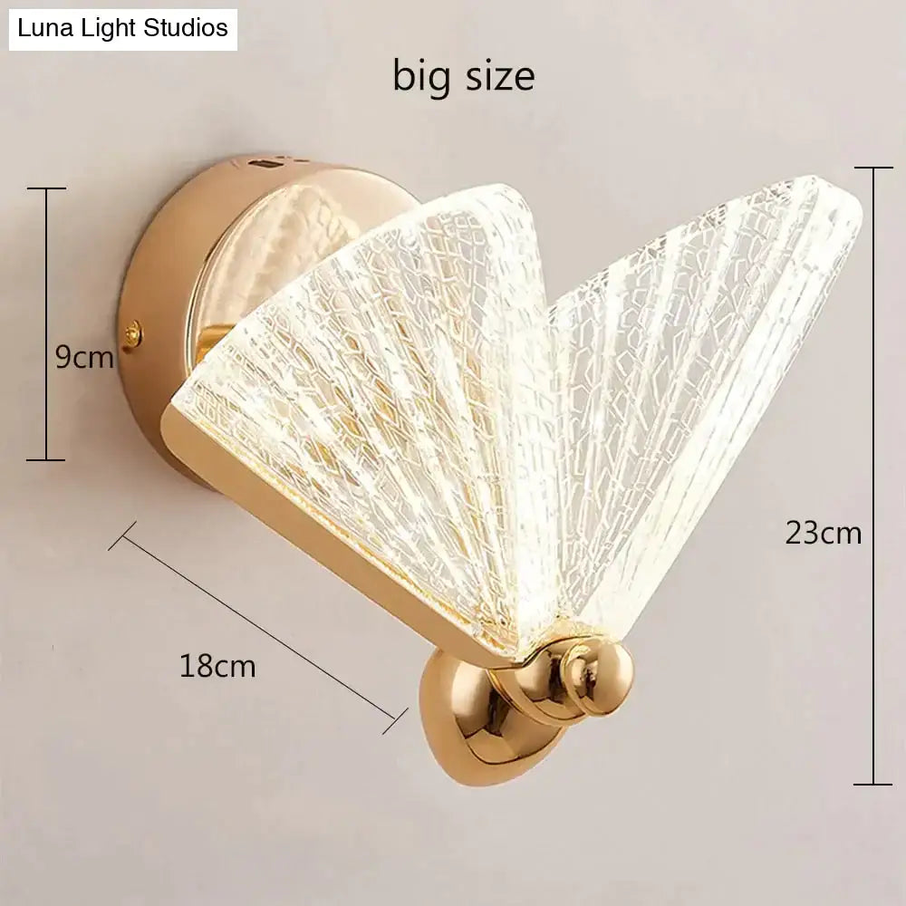 Gold-finished creative colorful butterfly led wall lamp with translucent textured glass fan-shaped diffuser for bedroom use