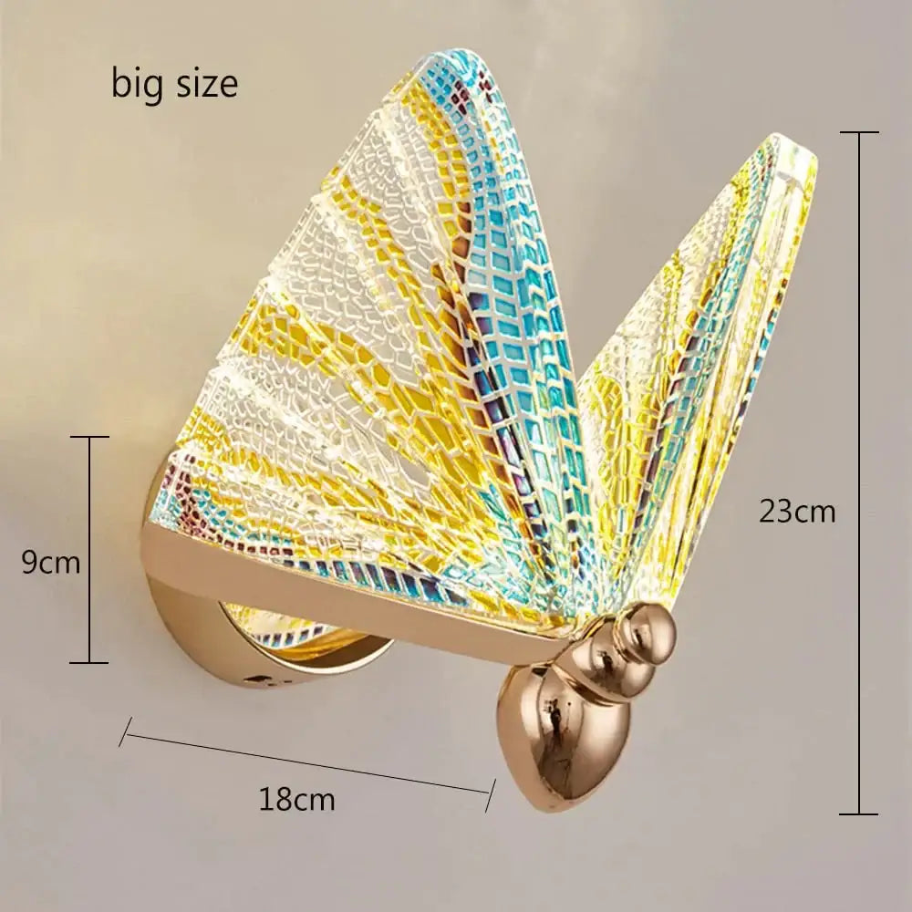 Creative colorful butterfly led wall lamp with yellow blue and white mosaic glass in gold metal frame for bedroom decor