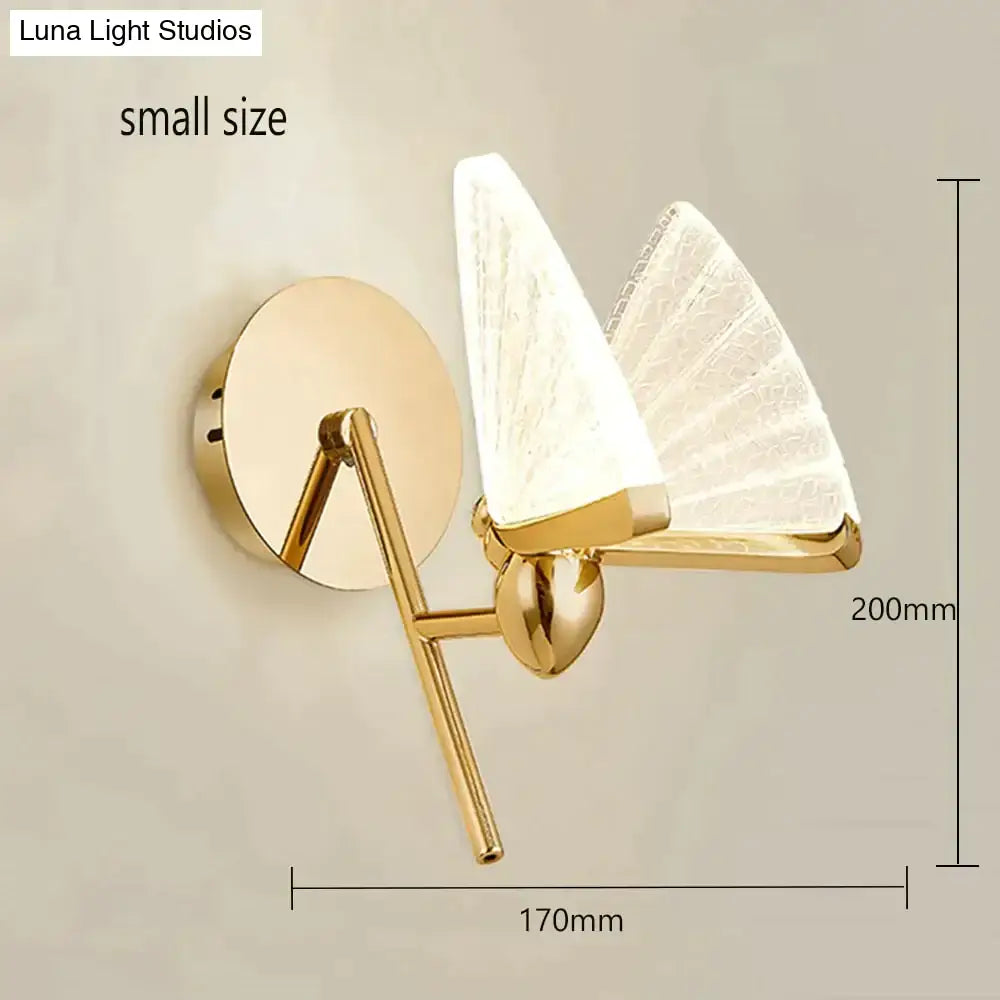 Gold-finished creative colorful butterfly led wall sconce with two translucent fan-shaped woven glass shades for bedroom