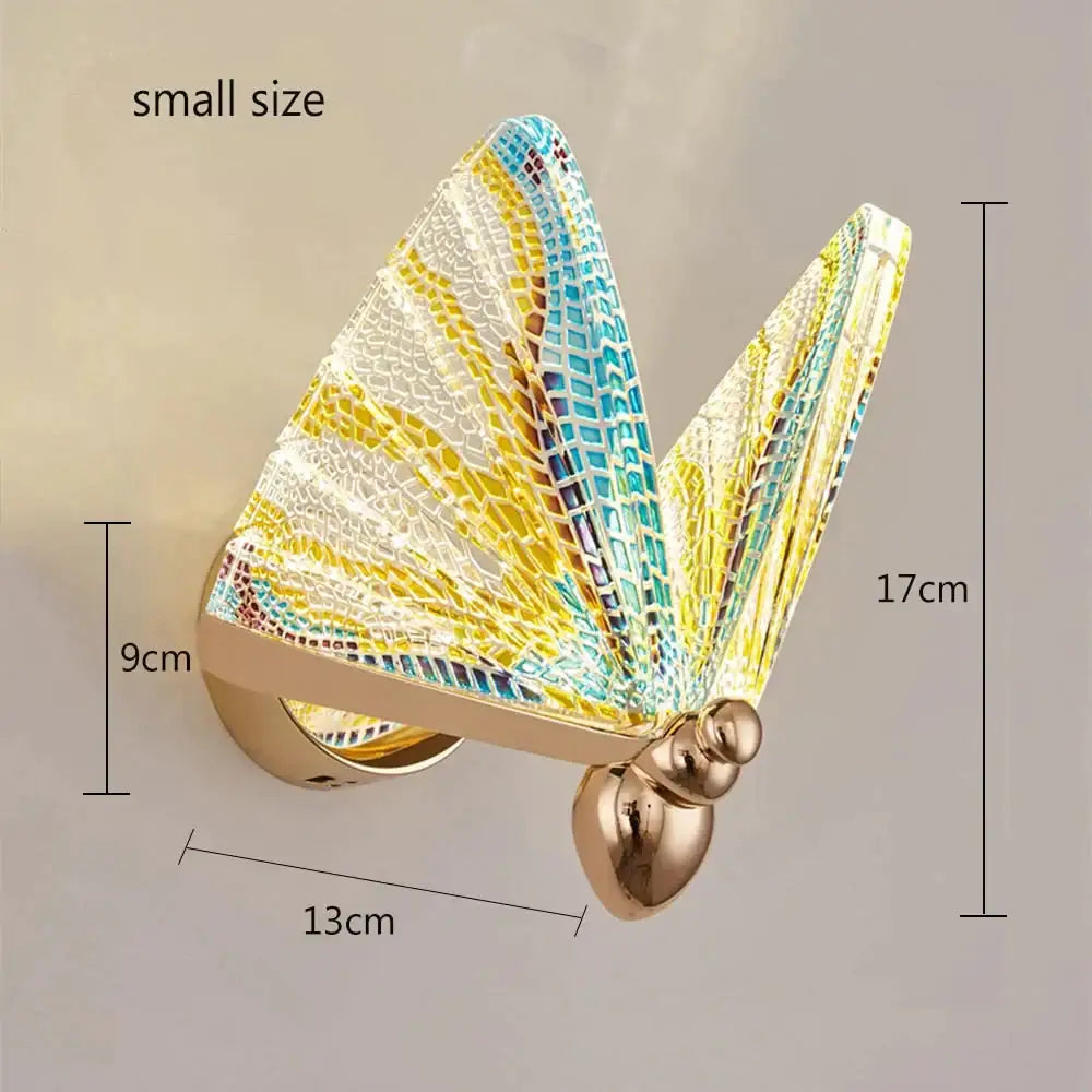 Creative colorful butterfly led wall lamp featuring a mosaic yellow blue and white glass sconce on gold metal frame