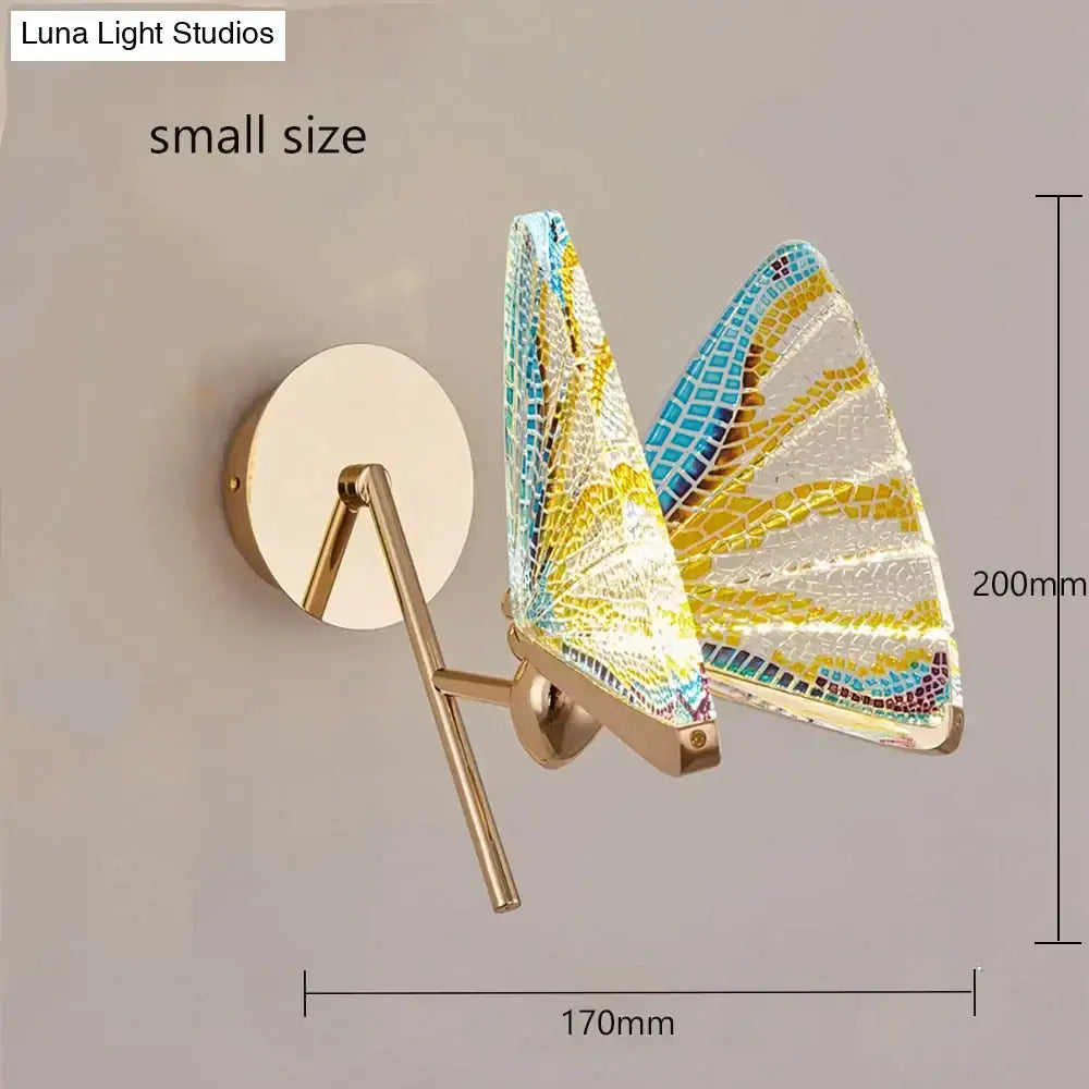 Small gold-finished creative colorful butterfly led wall lamp with mosaic yellow blue white wings for bedroom use