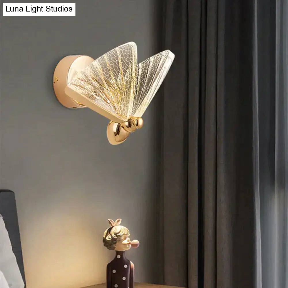 Gold-finished creative colorful butterfly led wall lamp with crackled glass wings for bedroom nordic sconce lighting