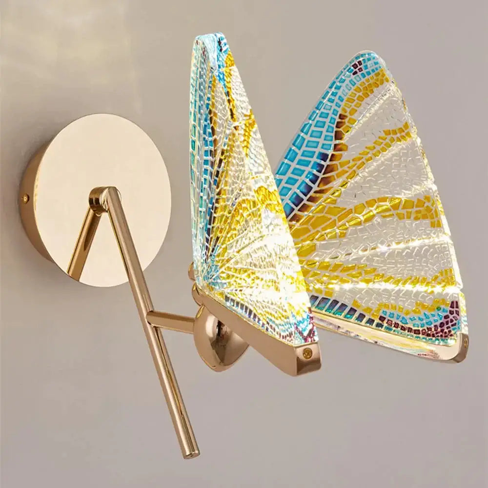 Creative colorful butterfly led wall lamp with blue yellow white mosaic glass wings on gold-toned metal arm sconce