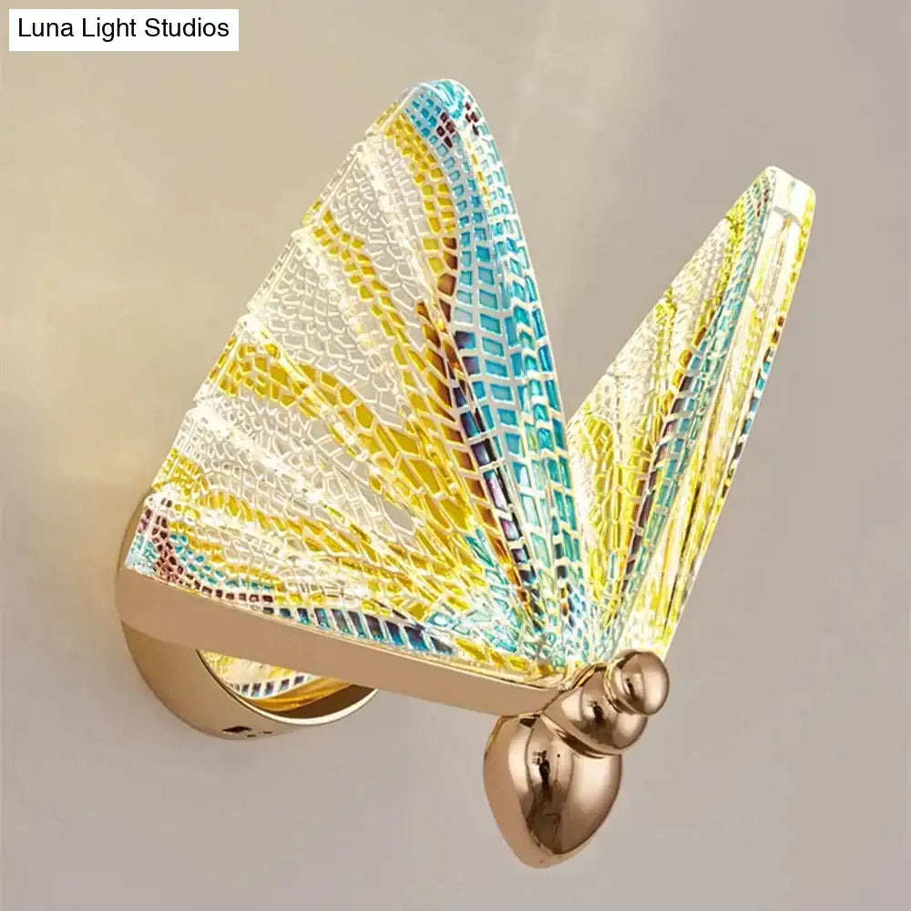 Creative colorful butterfly led wall lamp featuring a vibrant yellow and turquoise mosaic butterfly on a gold metal base