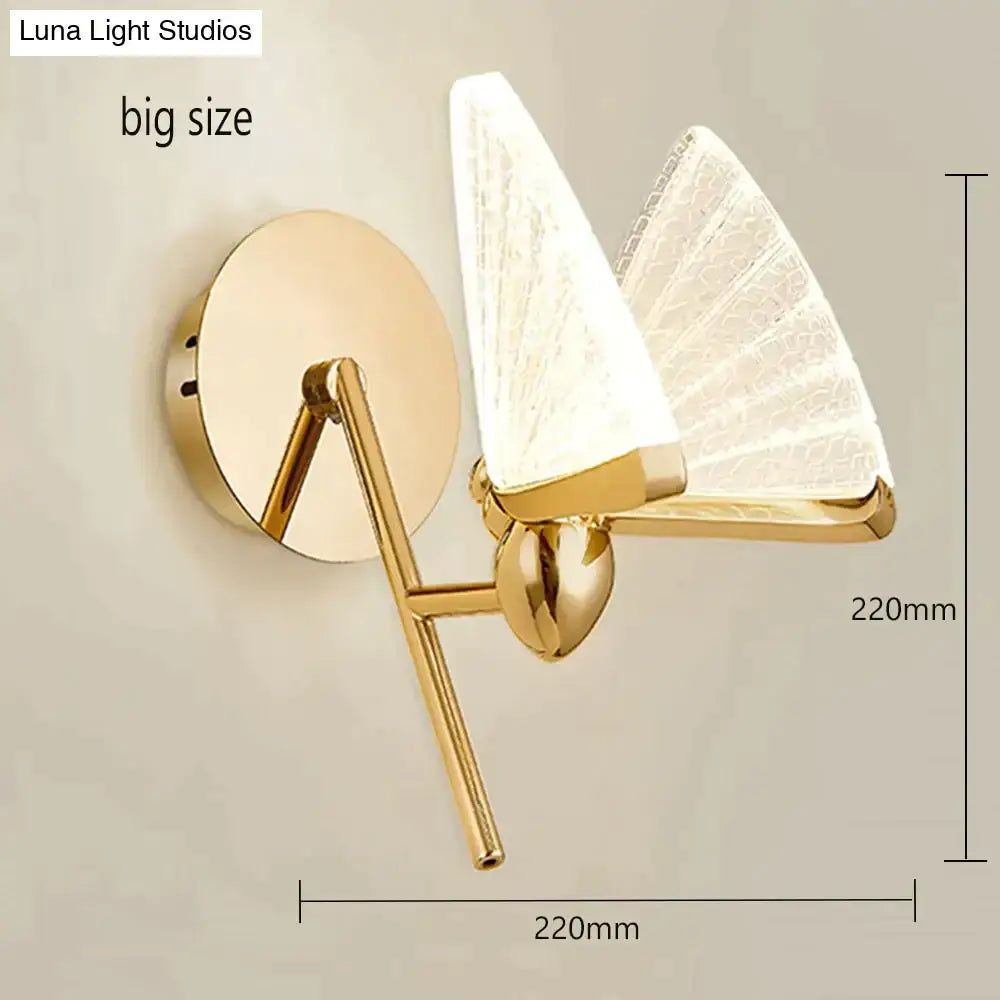 Gold-finished wall sconce with two translucent fan-shaped glass shades colorful butterfly led bedroom lamp