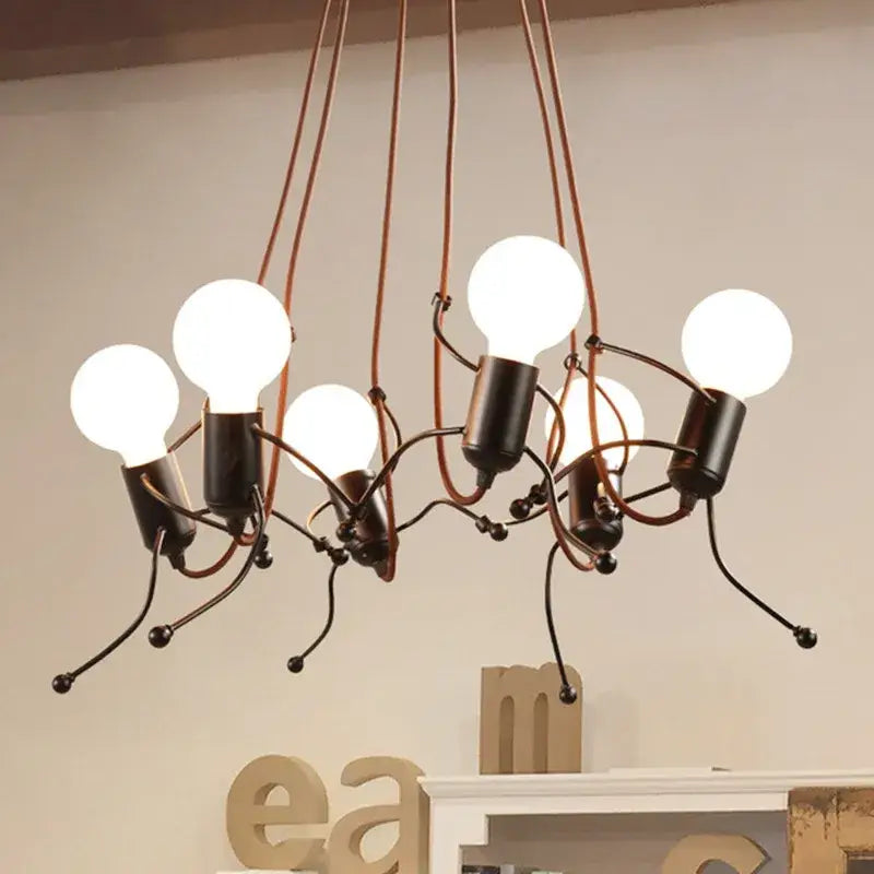 Creative copper iron man chandelier with five glowing white globe bulbs and black metal arms for bedroom decorbites iron man