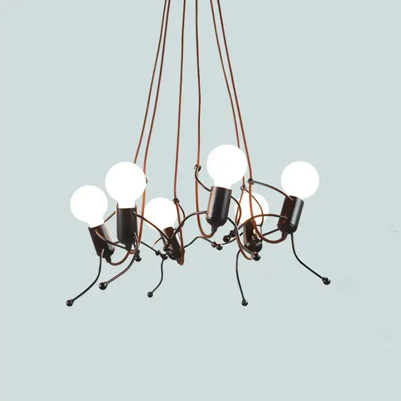 Black metal decorbites iron man chandelier with articulated limbs and multiple glowing white bulbs for bedroom decor