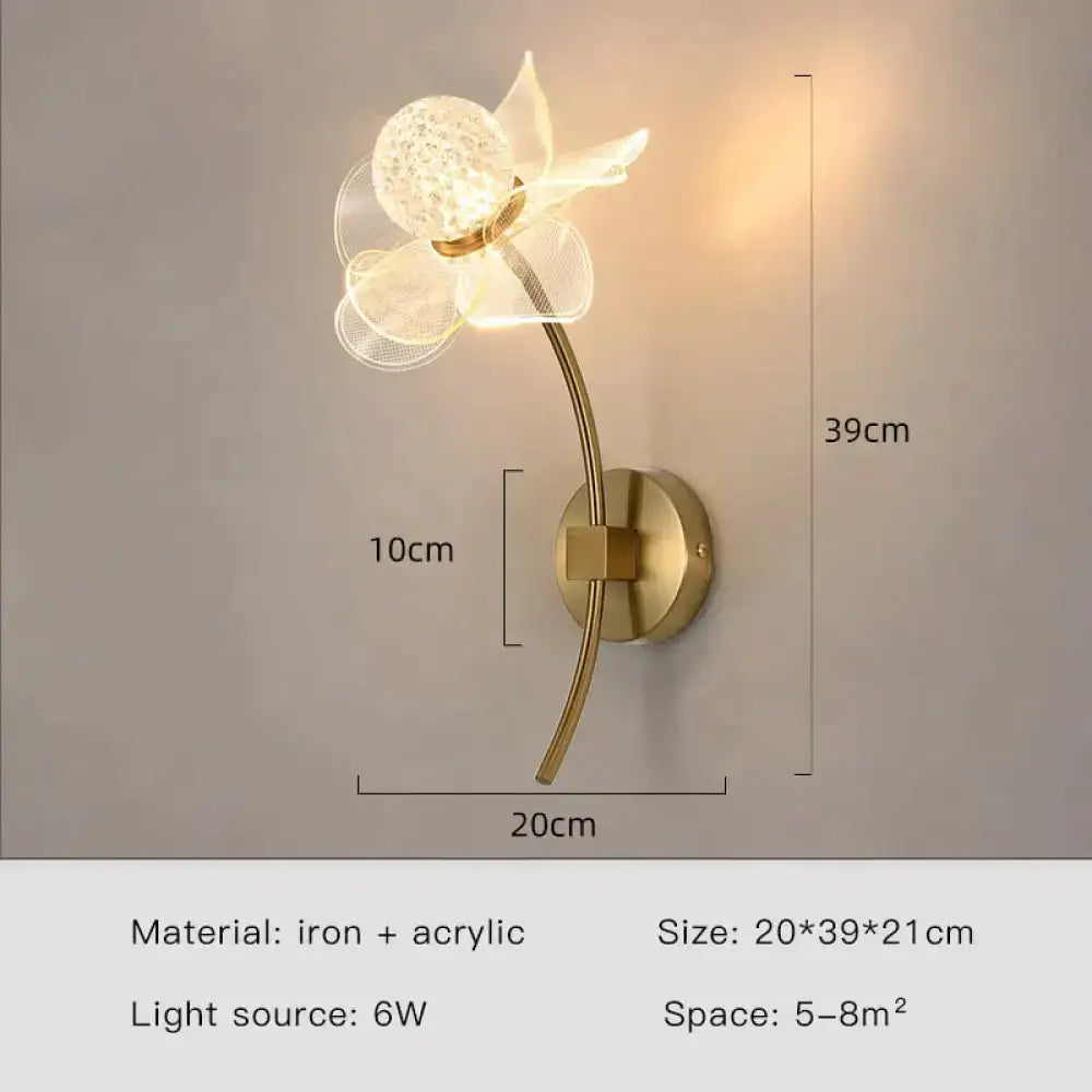 Creative floral decorative gold led wall lamp with translucent acrylic petals and faceted crystal center for bedroom