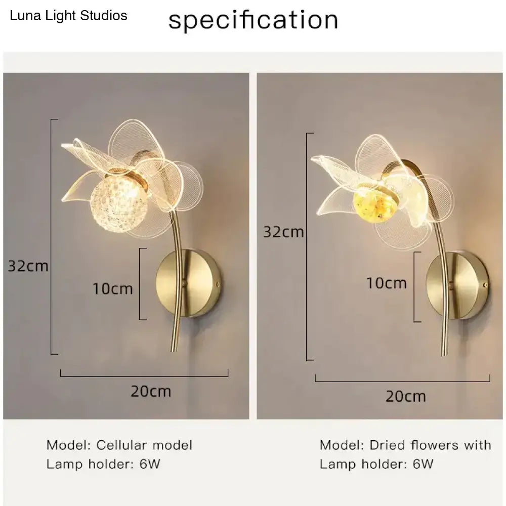 Creative floral decorative gold led wall lamp featuring a translucent flower design and textured spherical bulb for bedroom
