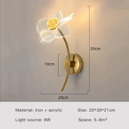 Creative floral decorative gold led wall lamp featuring a translucent flower design in iron and acrylic for bedroom use