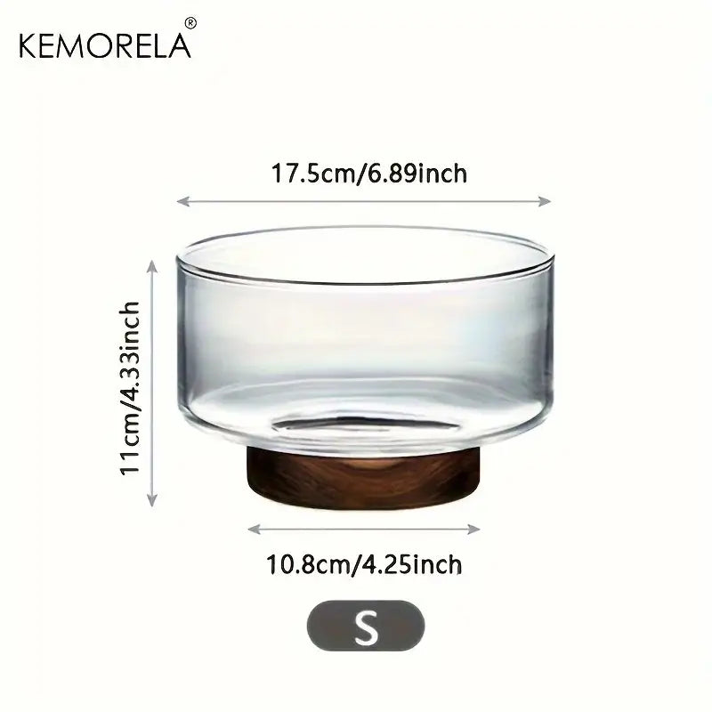 Clear glass fruit bowl with dark brown wooden base branded kemorela for dining room decorbites creative glass use