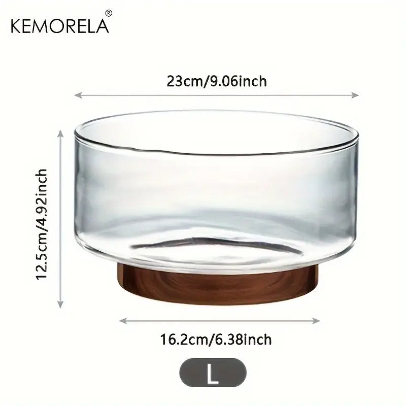 Creative glass fruit bowl with clear glass and wooden base branded kemorela for dining room decorbites creative glass use