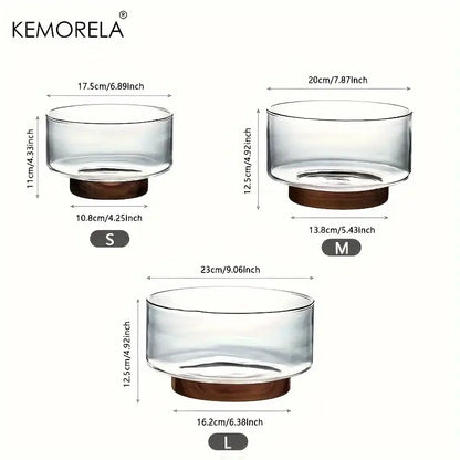 Creative glass fruit bowl with clear glass and wooden base in small medium and large sizes for dining room decorbites creative glass