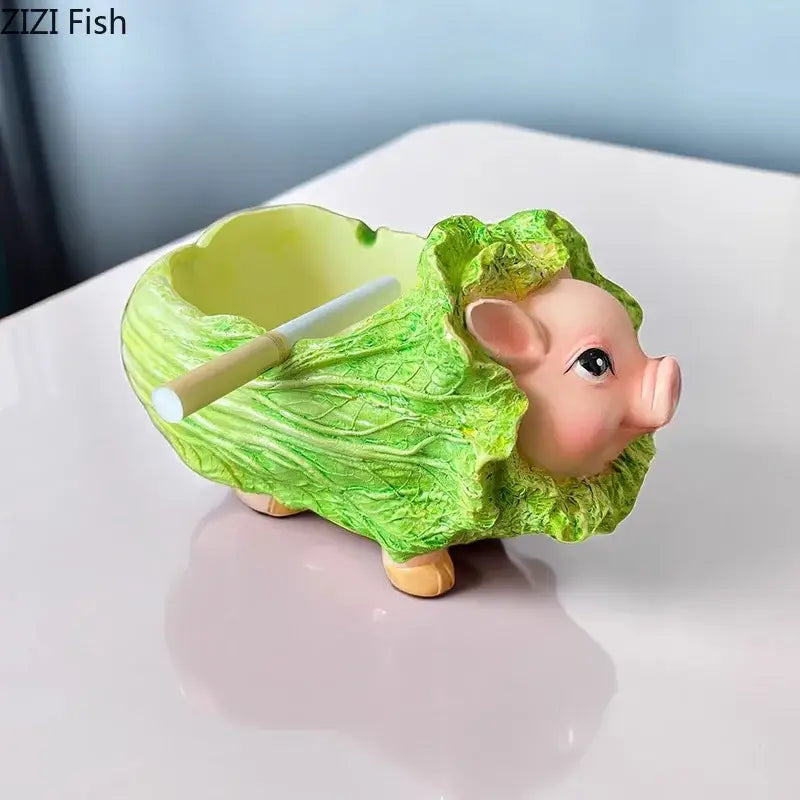 A creative green and pink cabbage pig ashtray with detailed leaf textures by decorbites for living room decor