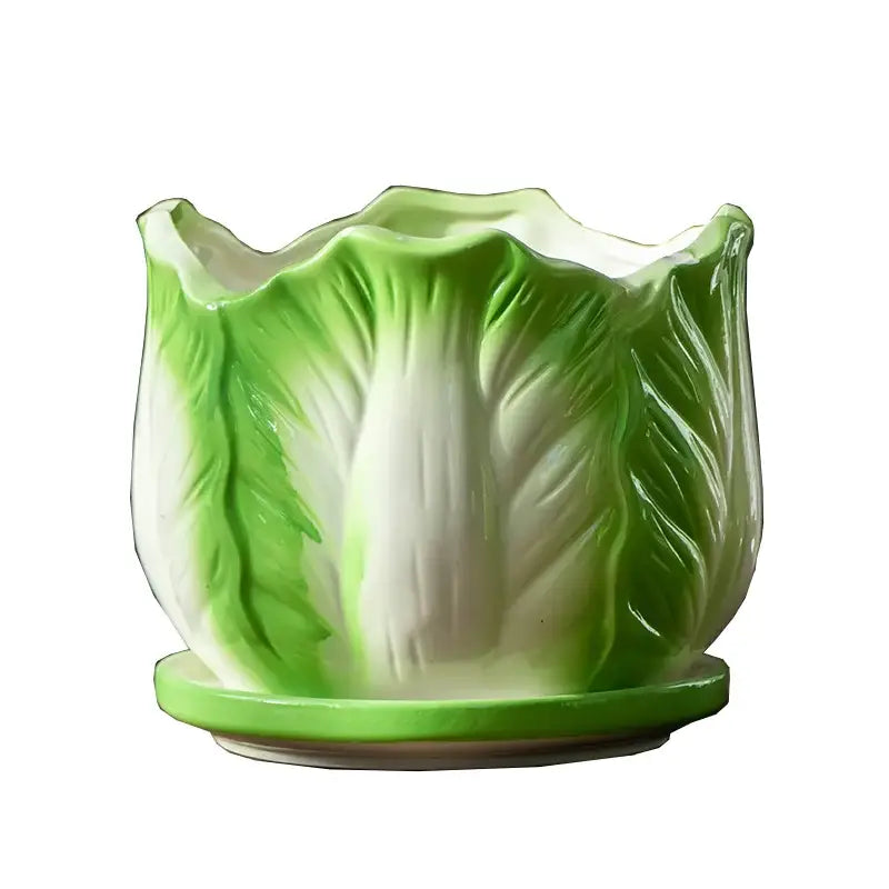 Glossy green and white ceramic decorbites cabbage flowerpot with detailed leaf veins for indoor garden decor