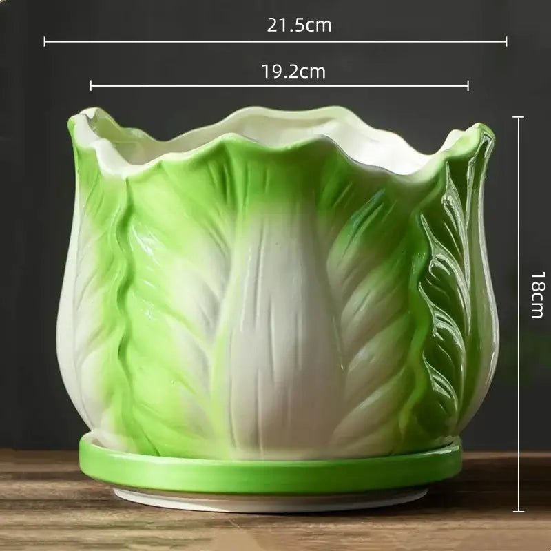Creative green and white ceramic cabbage flowerpot with detailed leaf textures for indoor garden decor by decorbites cabbage flowerpot