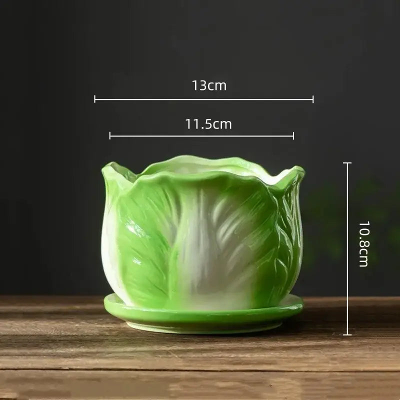 Glossy green ceramic decorbites cabbage flowerpot with detailed leaf veins and matching saucer for indoor gardening