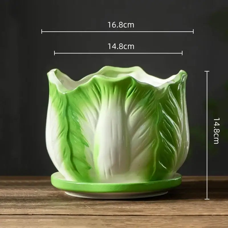 Creative green and white ceramic decorbites cabbage flowerpot with glossy detailed leaf veins and matching saucer for indoor garden