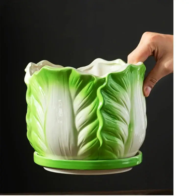 Glossy ceramic decorbites cabbage flowerpot with vibrant green leaves and white layers, includes matching green saucer