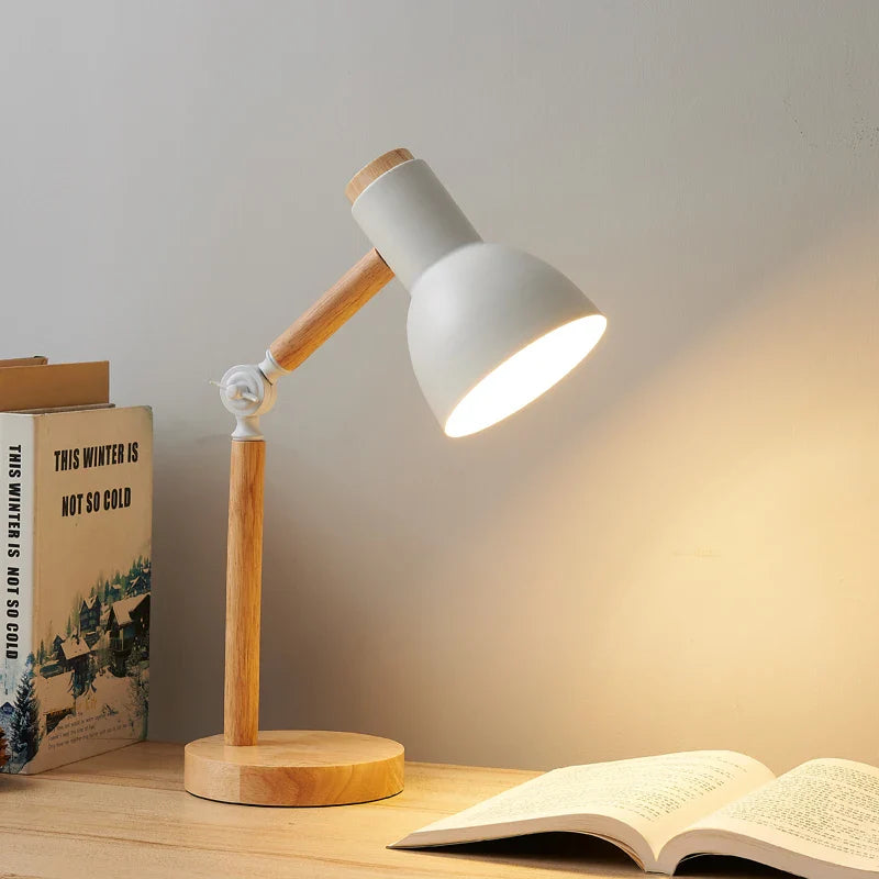 Creative Nordic Table Lamp Wooden Art LED Turn Head Simple Bedside Desk Light/Eye Protection Reading&Bedroom Study Lamp