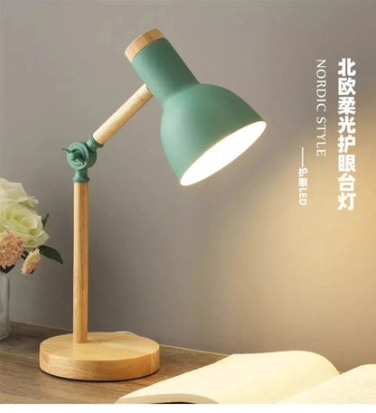 Creative Nordic Table Lamp Wooden Art LED Turn Head Simple Bedside Desk Light/Eye Protection Reading&Bedroom Study Lamp
