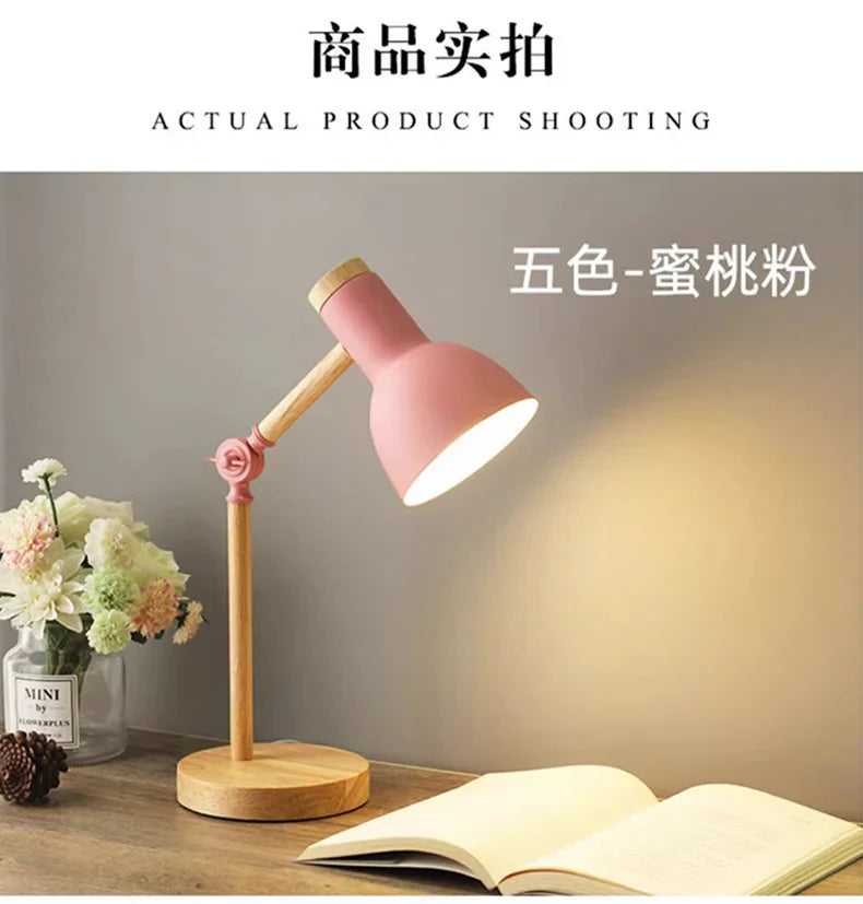 Creative Nordic Table Lamp Wooden Art LED Turn Head Simple Bedside Desk Light/Eye Protection Reading&Bedroom Study Lamp