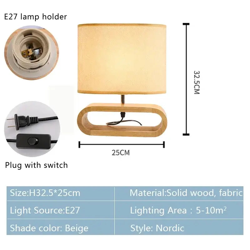 Beige linen fabric lampshade on nordic wooden table lamp with e27 bulb holder and switch by decorbites creative nordic