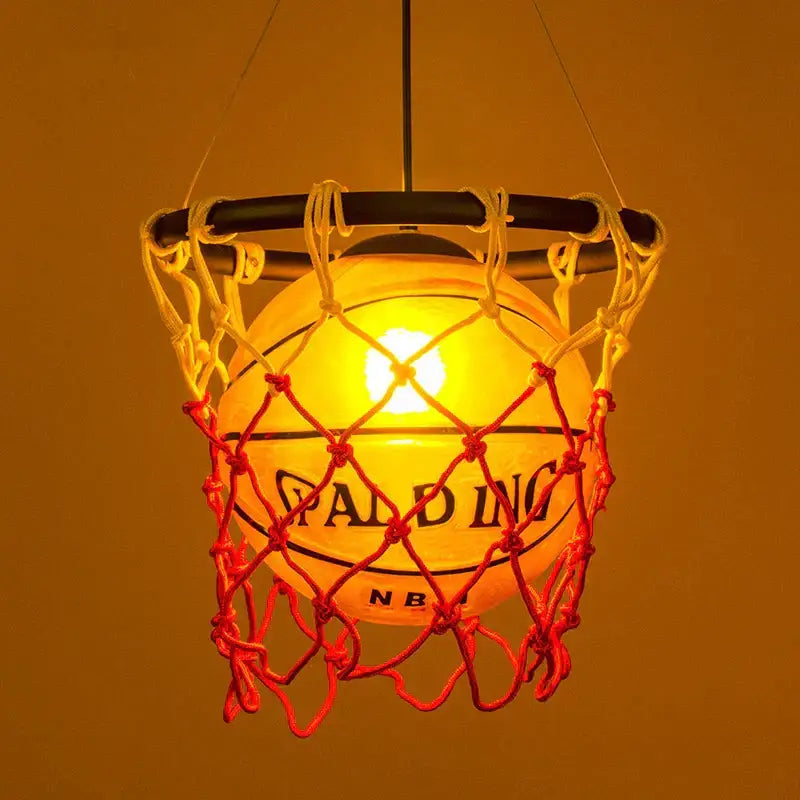 Creative orange basketball pendant light featuring a glowing spalding nba basketball in a red and yellow netted hoop decorbites pendant light