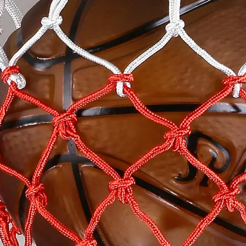 Creative orange basketball pendant light featuring red and white woven netting draped over a brown basketball for bedroom decorbites basketball pendant