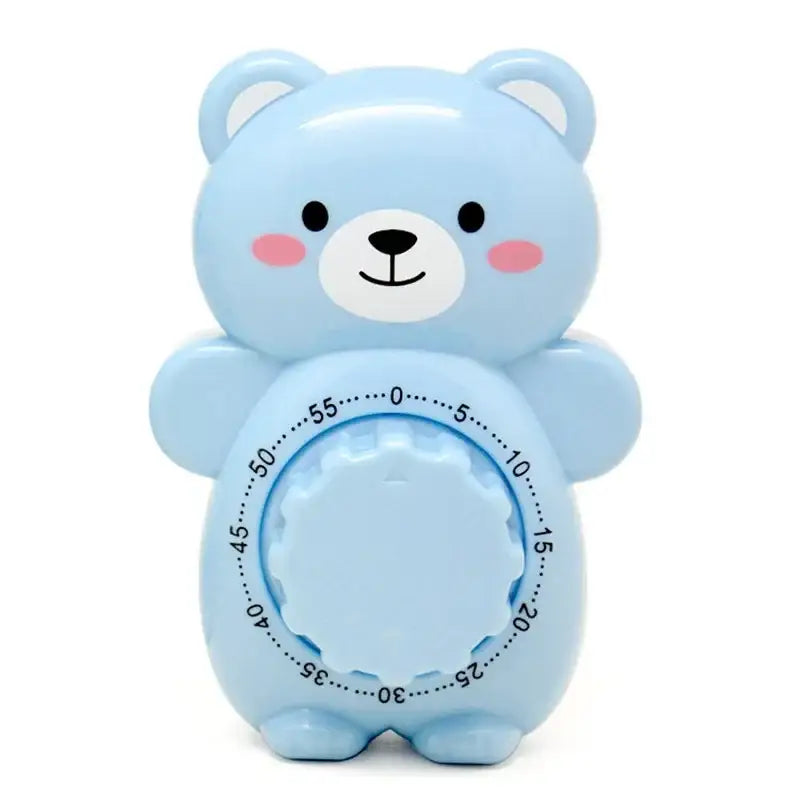 Light blue plastic bear kitchen timer with pink cheeks and black eyes for baking use as creative orange bear kitchen timer alternative