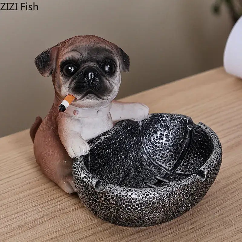 A creative brown and white basketball puppy ashtray figurine with glossy eyes in a textured silver living room decor