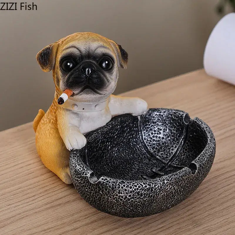 A charming tan and black basketball puppy ashtray with a yellow pug figurine holding a cigarette for decorbites decor
