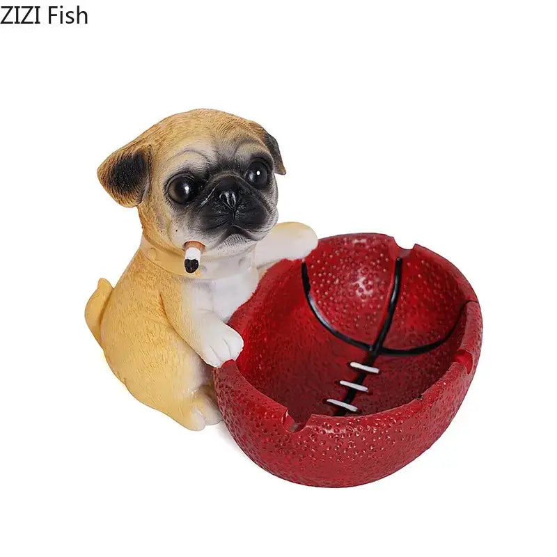 A tan and black basketball puppy figurine ashtray with a cigarette sitting beside a red basketball puppy ashtray decorbites