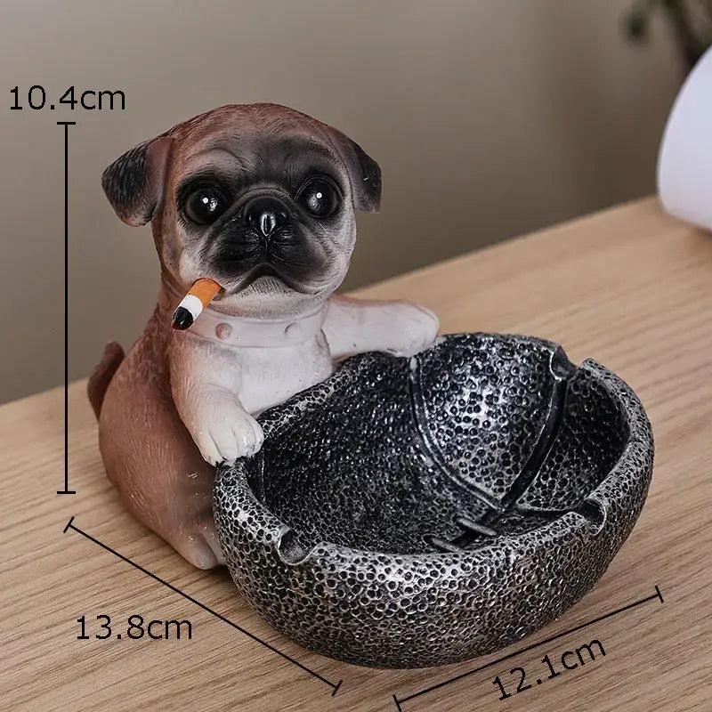 Cute tan and black pug basketball puppy ashtray figurine with cigarette sitting on textured silver decorbites basketball puppy ashtray