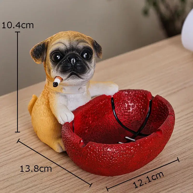 Creative pug basketball puppy ashtray with tan and black face, white chest, and glossy red basketball puppy decorbites bowl